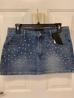Denim Mini Skirt with Stud Embellishments  and attached shorts underneath
